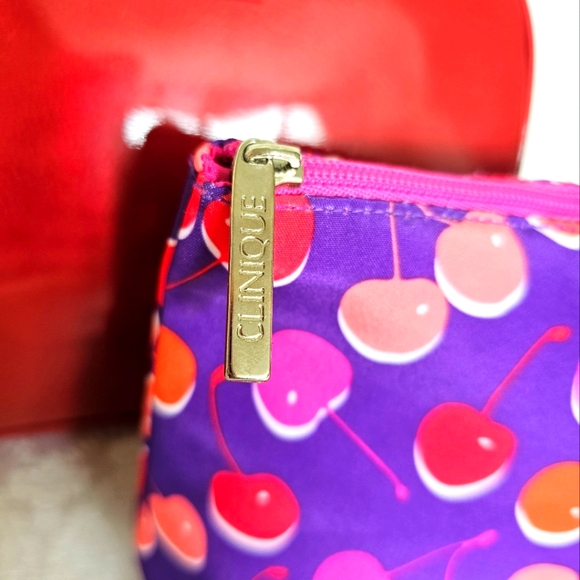 Set of 2 Lancome Shiny Red Dome Makeup Bag and Clinique Cherry Pattern Pouch - Picture 4 of 13